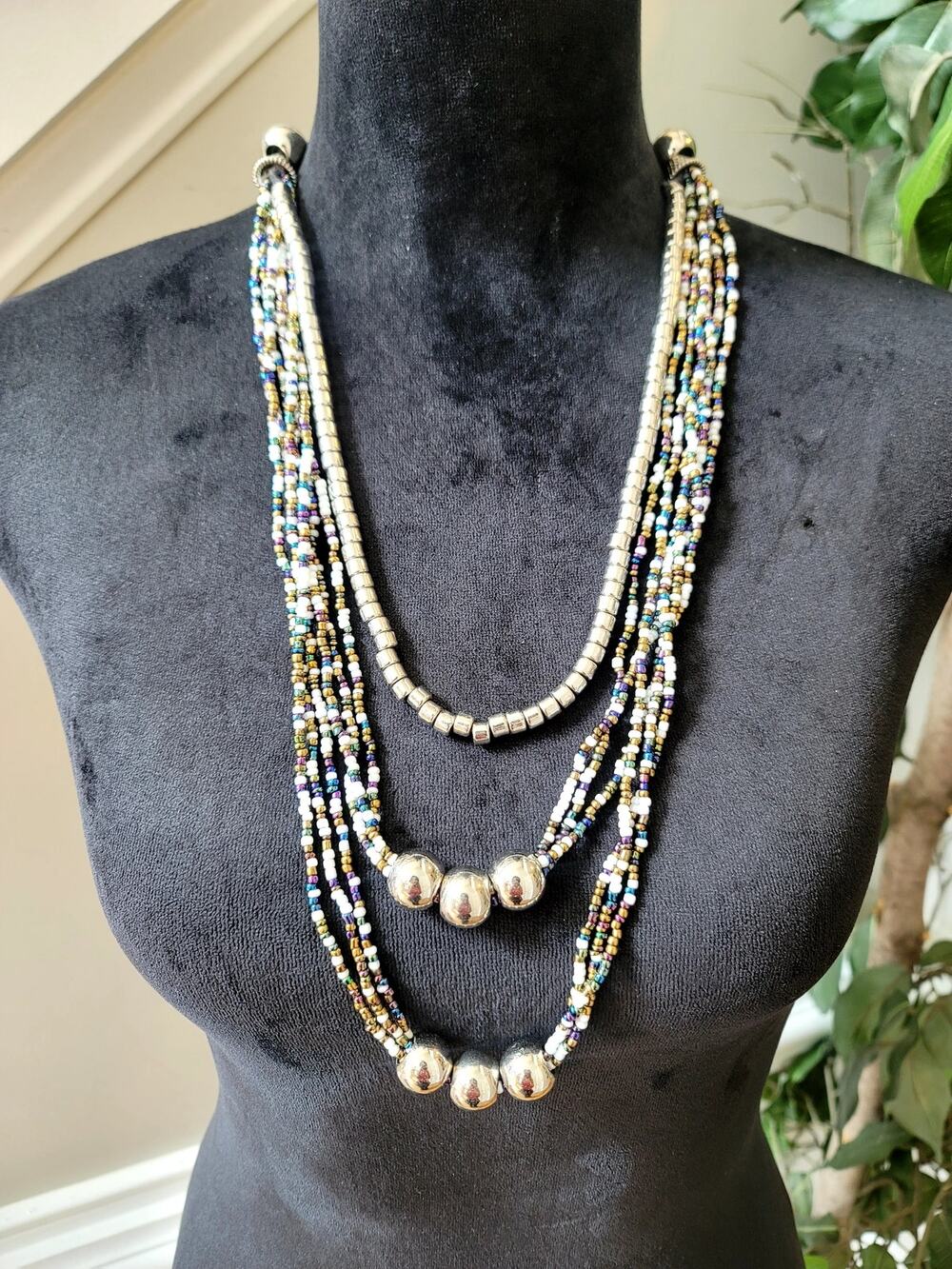 Black Multicolor Beaded Multi Strand Layered Statement Necklace